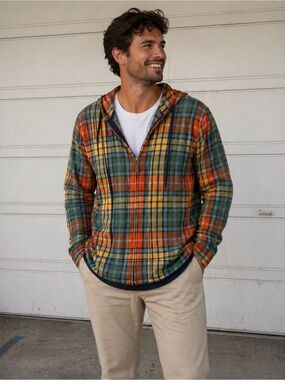 L.L. Bean Orange, Yellow & Green Plaid Zip Hoodie
